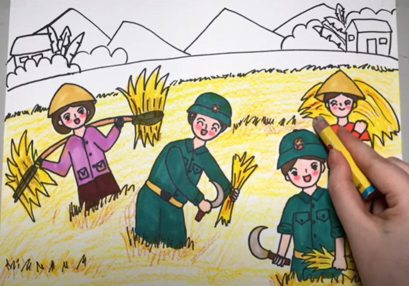 vẽ chú quân nhân gặt lúa