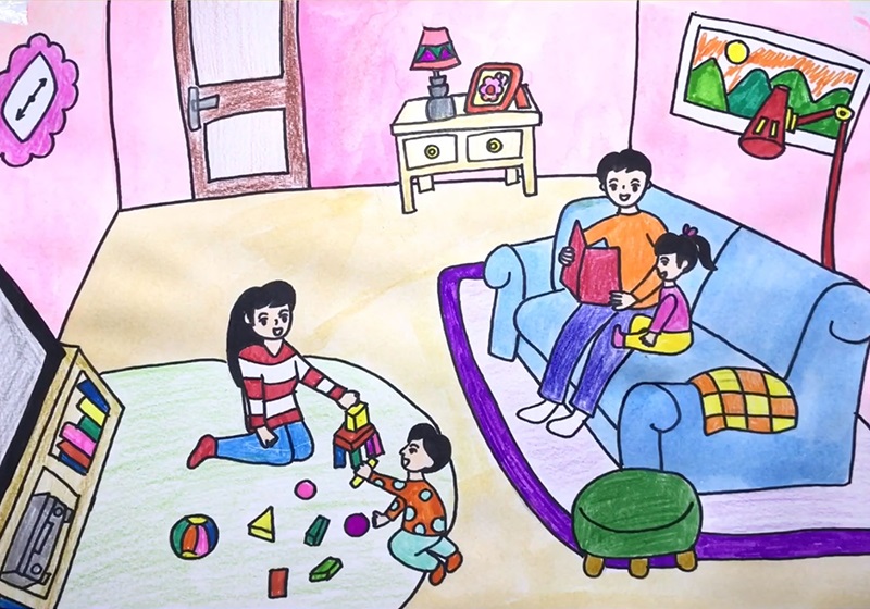 vẽ tranh đề tài mái ấm gia đình hạnh phúc