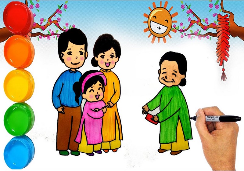 Vẽ tranh đề tài gia đình Chuẩn bị đón Tết 2021  Vẽ ngày tết và mùa xuân   How to draw family  Tilado