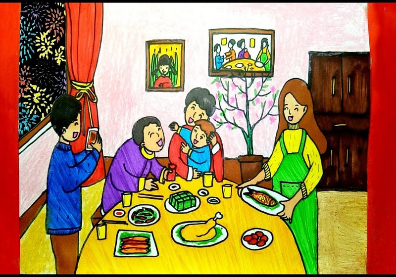 vẽ tranh đề tài gia đình ngày tết